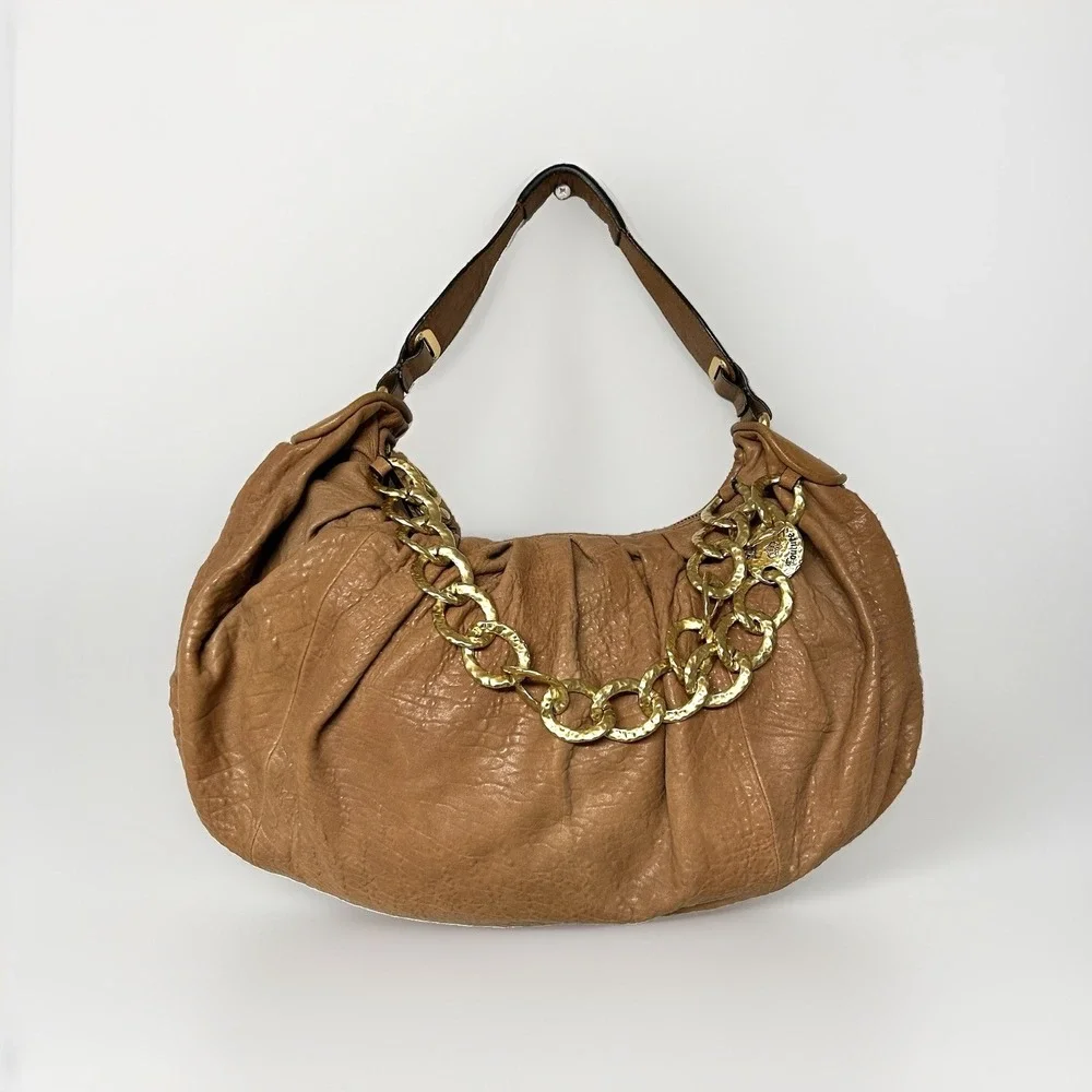 Vtg Y2k Juicy Couture Brown Leather Bag Slouchy Hobo Chunky Gold Chain Boho